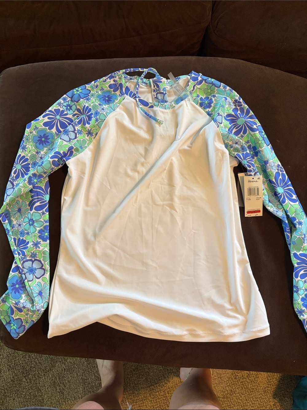 Raisins White Rashguard with Blue & Green Floral Sleeves